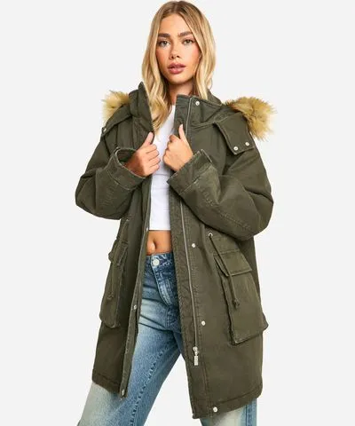 boohoo Womens Hooded Pocket Detail Parka