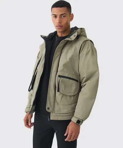 boohooMAN Mens Hooded Utility Tech Parka In Khaki