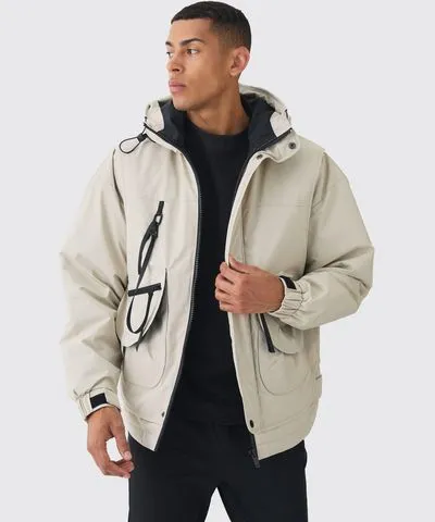 boohooMAN Mens Hooded Utility Tech Parka In Stone