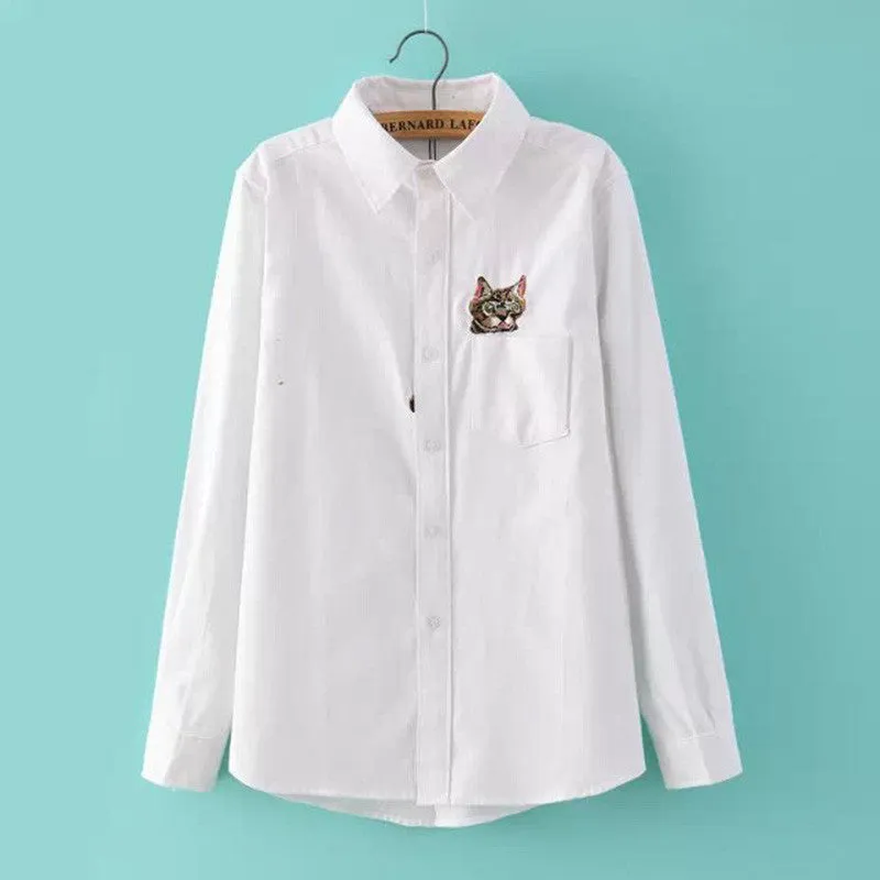 Brand New Cat Print Blouse Embroidery Blusas Femininas Long Sleeve Turn Down Collar Casual Fashion Work Shirts With Button 70020