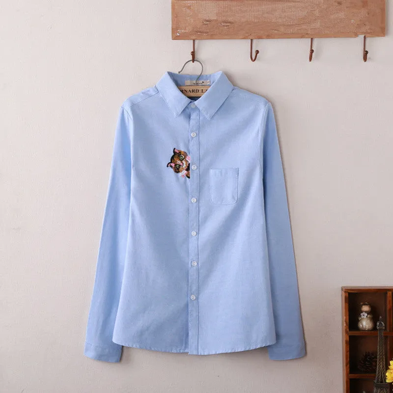 Brand New Cat Print Blouse Embroidery Blusas Femininas Long Sleeve Turn Down Collar Casual Fashion Work Shirts With Button 70020