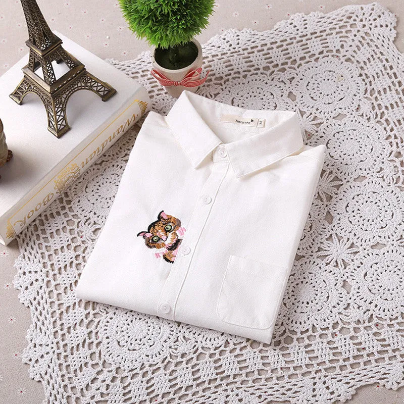 Brand New Cat Print Blouse Embroidery Blusas Femininas Long Sleeve Turn Down Collar Casual Fashion Work Shirts With Button 70020