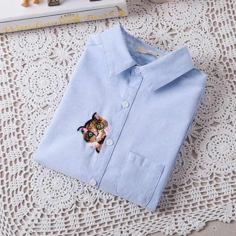 Brand New Cat Print Blouse Embroidery Blusas Femininas Long Sleeve Turn Down Collar Casual Fashion Work Shirts With Button 70020