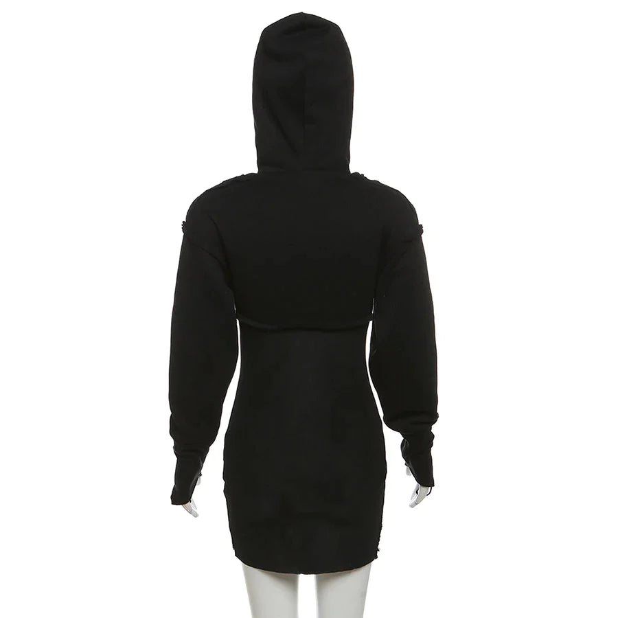 Bulk Orders Fall Women Rucked Casual Dress Hooded Long Sleeve Patchwork Mini Ladies Dress Solid Slim Dress