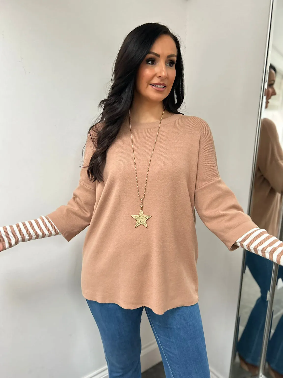 Camel Striped Sleeve Knit Tracy