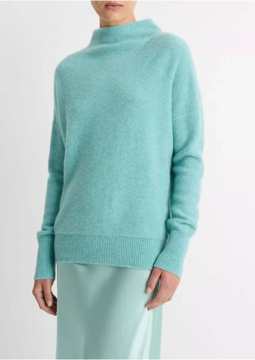 Cashmere Funnel Neck Sweater -  Heather Aqua Gem