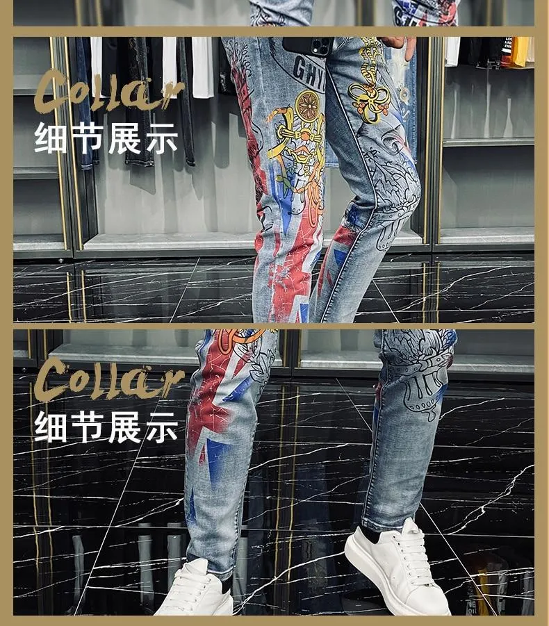 Casual Fashion Men's Crown Graffiti Printing Stretch Motorcycle Skinny Jeans