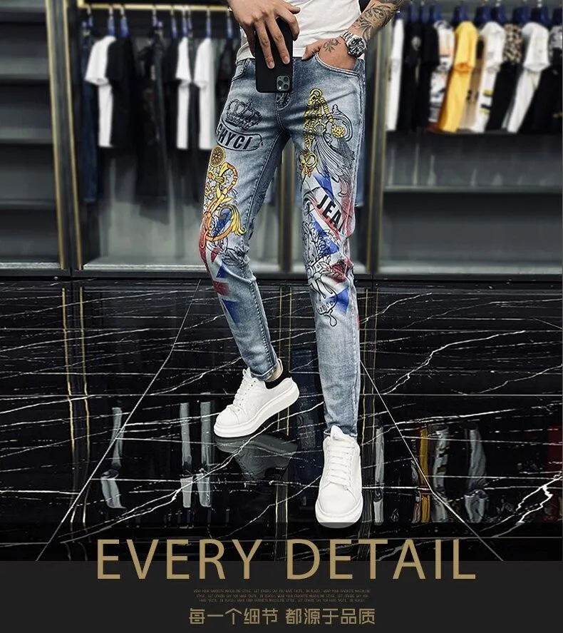 Casual Fashion Men's Crown Graffiti Printing Stretch Motorcycle Skinny Jeans