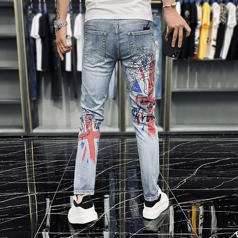 Casual Fashion Men's Crown Graffiti Printing Stretch Motorcycle Skinny Jeans