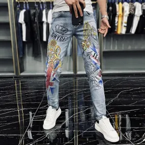 Casual Fashion Men's Crown Graffiti Printing Stretch Motorcycle Skinny Jeans