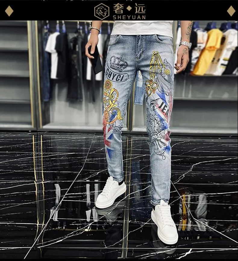 Casual Fashion Men's Crown Graffiti Printing Stretch Motorcycle Skinny Jeans