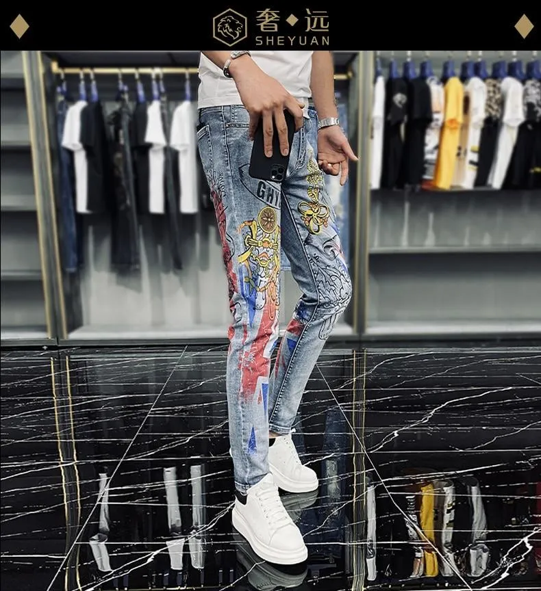 Casual Fashion Men's Crown Graffiti Printing Stretch Motorcycle Skinny Jeans