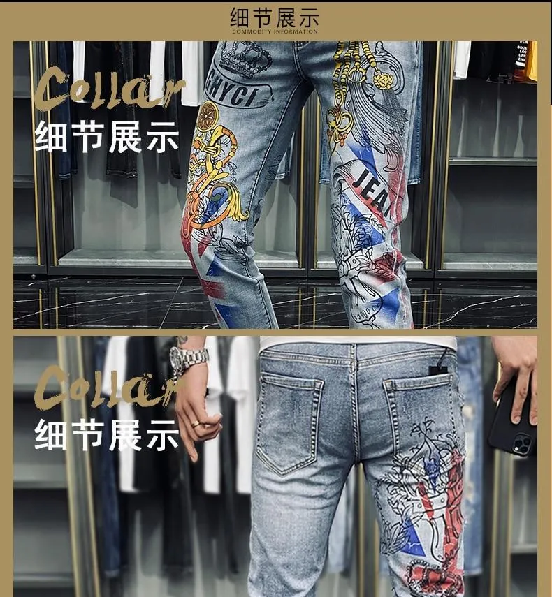 Casual Fashion Men's Crown Graffiti Printing Stretch Motorcycle Skinny Jeans