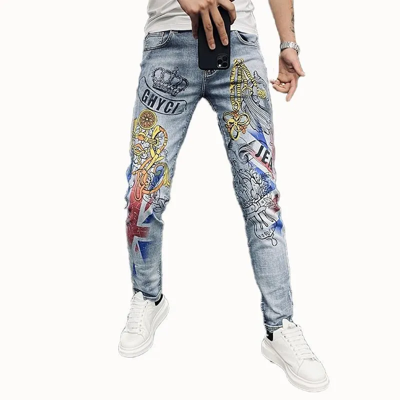 Casual Fashion Men's Crown Graffiti Printing Stretch Motorcycle Skinny Jeans