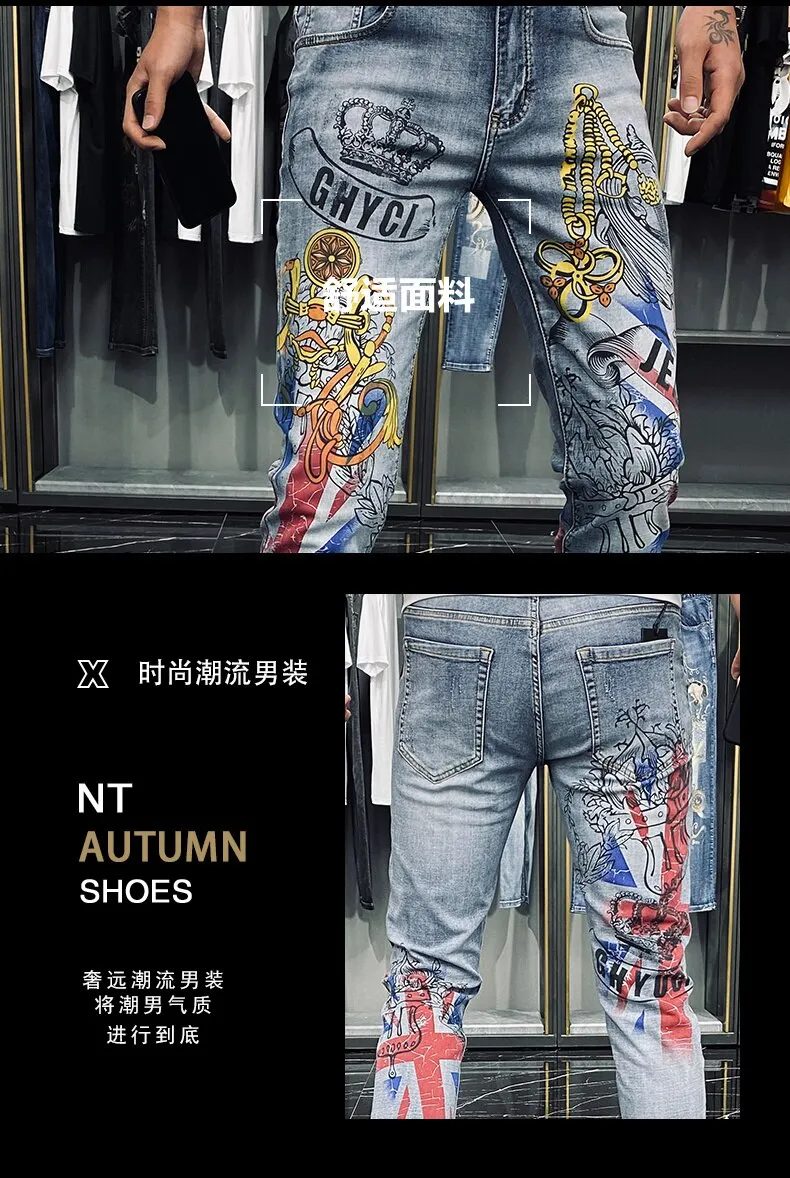 Casual Fashion Men's Crown Graffiti Printing Stretch Motorcycle Skinny Jeans