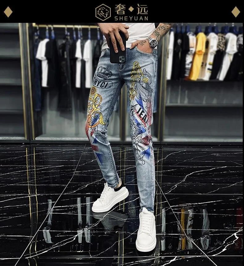 Casual Fashion Men's Crown Graffiti Printing Stretch Motorcycle Skinny Jeans