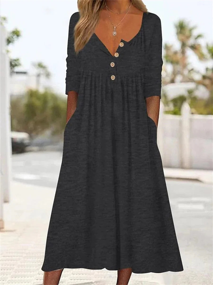 Casual T Shirt Midi Dress for Women with V Neck and Ruched Pocket