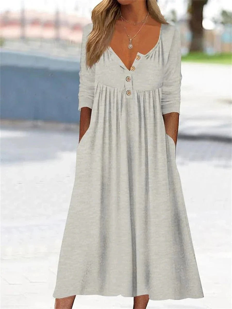 Casual T Shirt Midi Dress for Women with V Neck and Ruched Pocket