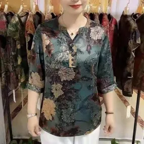 Classic Literary Print Shirt in Ethnic Style Ladies, Casual Fashion Half Sleeve, Blouse Suits Everything, Satin Woolen Blouse fo