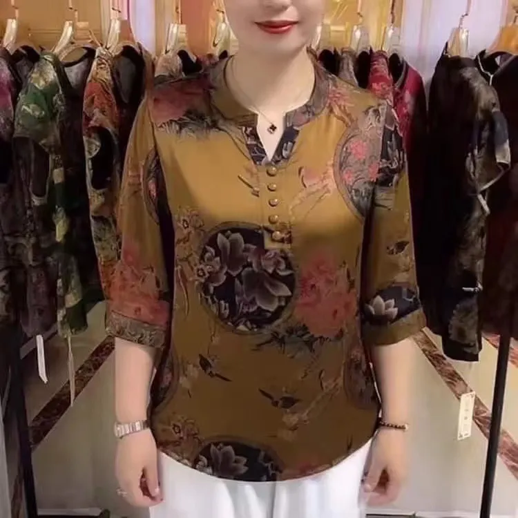 Classic Literary Print Shirt in Ethnic Style Ladies, Casual Fashion Half Sleeve, Blouse Suits Everything, Satin Woolen Blouse fo