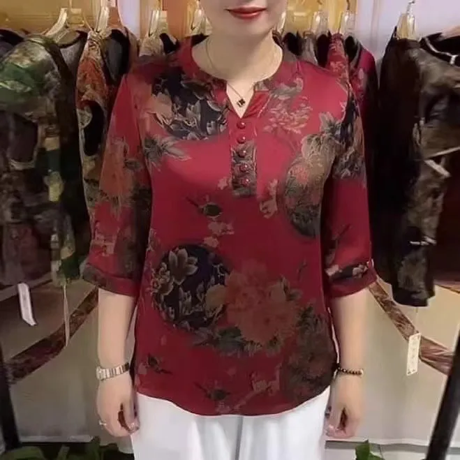 Classic Literary Print Shirt in Ethnic Style Ladies, Casual Fashion Half Sleeve, Blouse Suits Everything, Satin Woolen Blouse fo