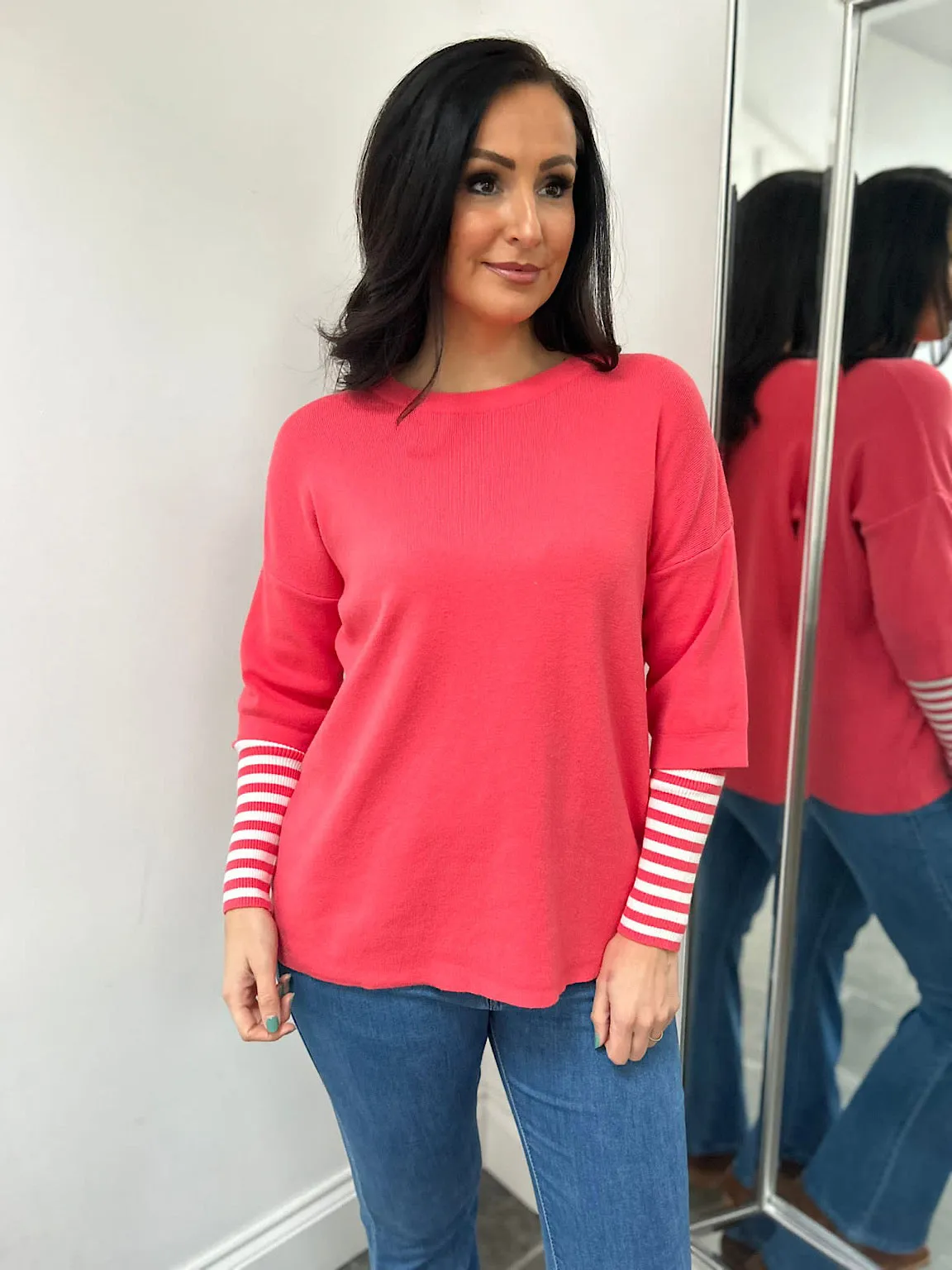 Coral Striped Sleeve Knit Tracy