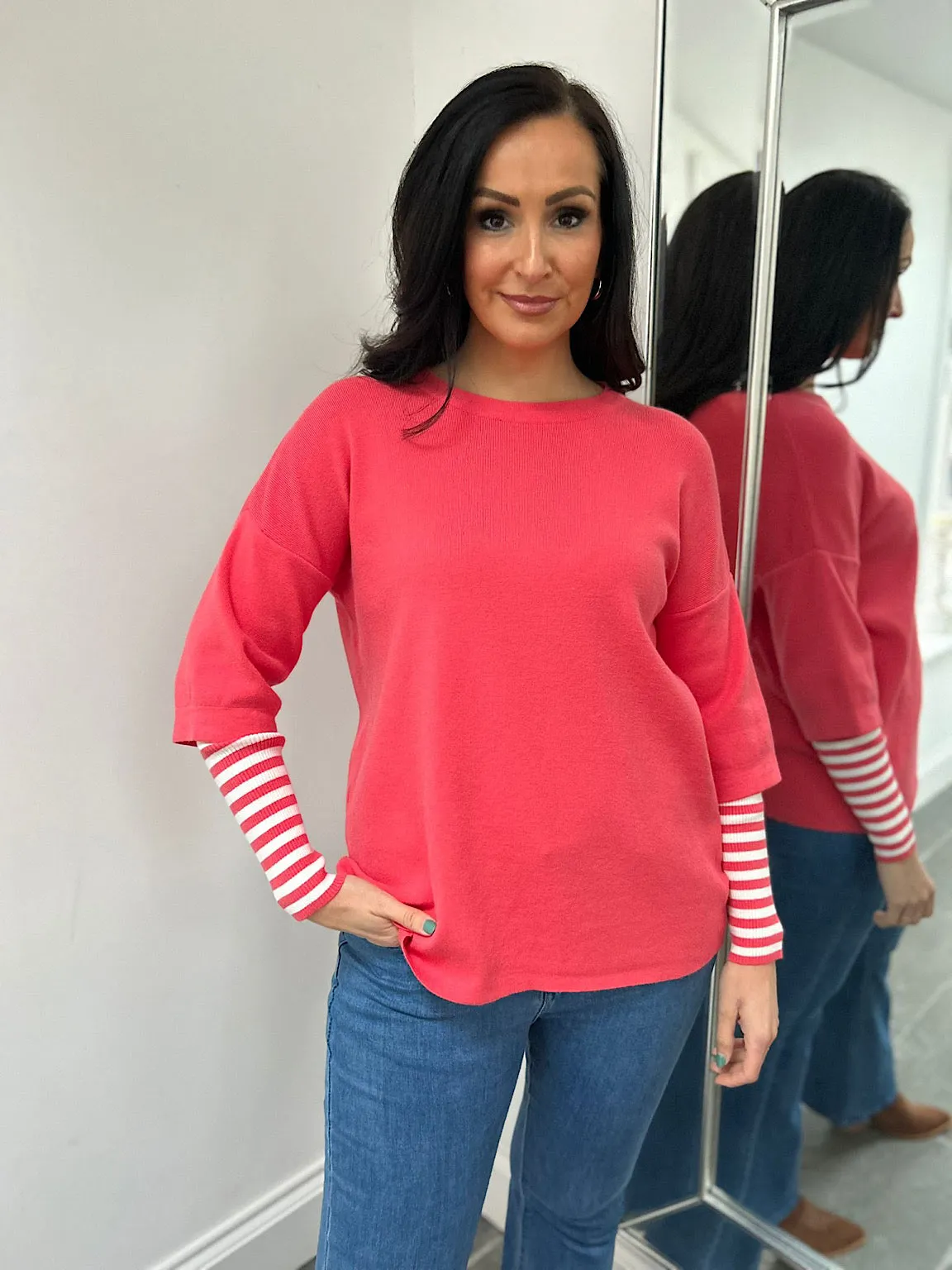 Coral Striped Sleeve Knit Tracy