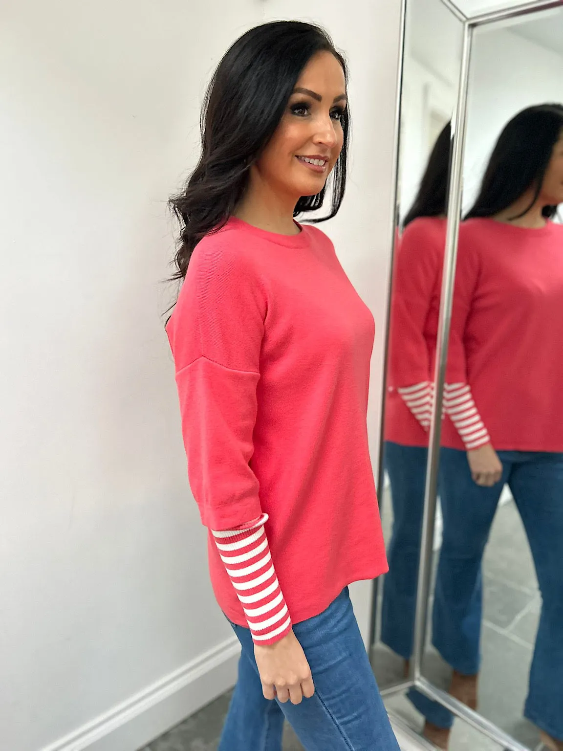 Coral Striped Sleeve Knit Tracy