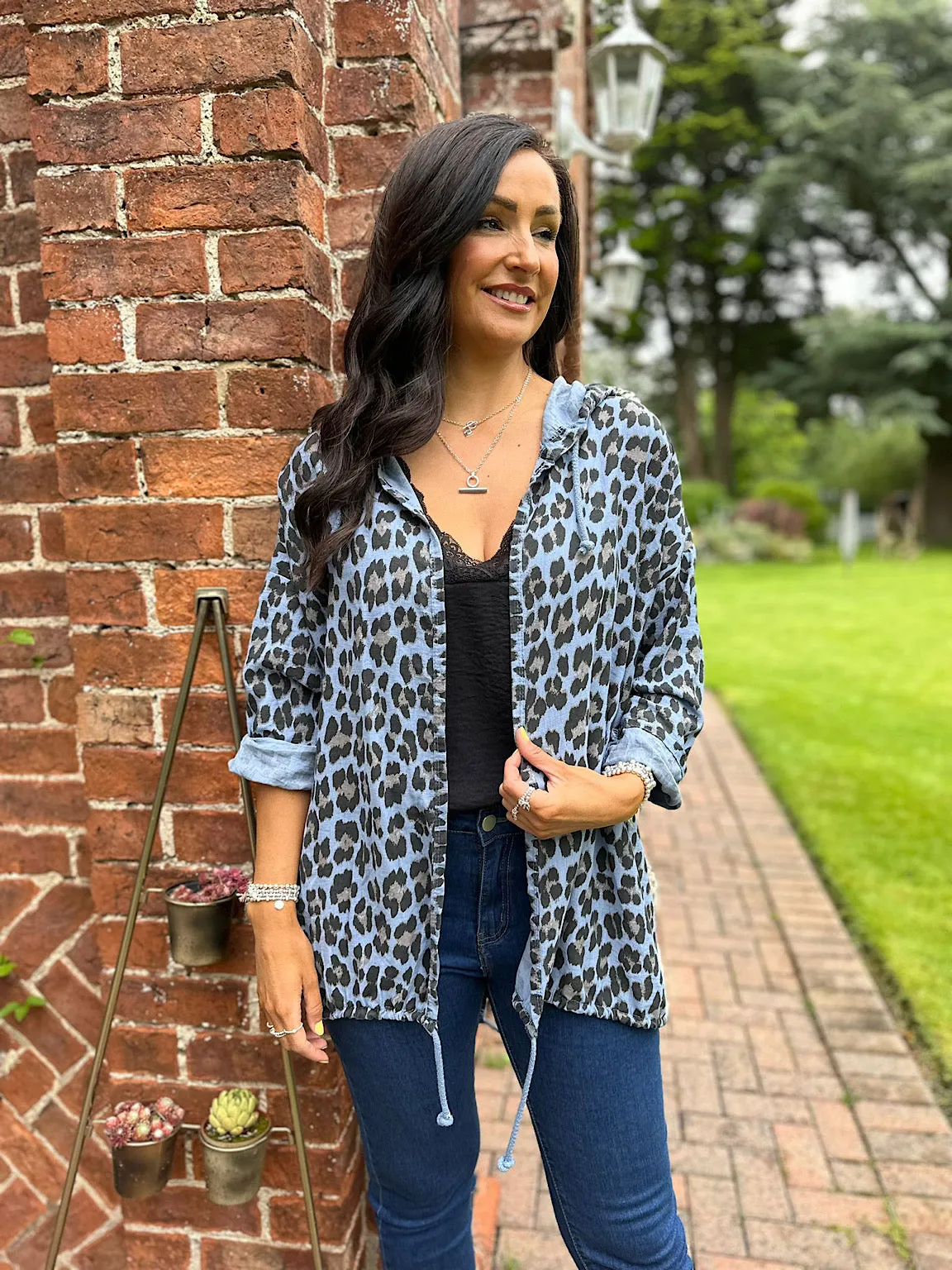 Denim Leopard Drawstring Hooded Jacket Claire