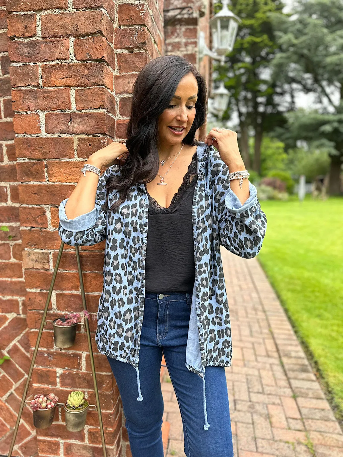 Denim Leopard Drawstring Hooded Jacket Claire