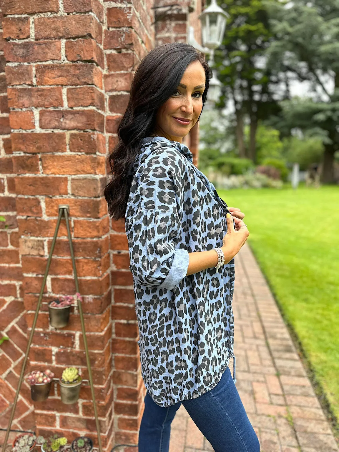 Denim Leopard Drawstring Hooded Jacket Claire