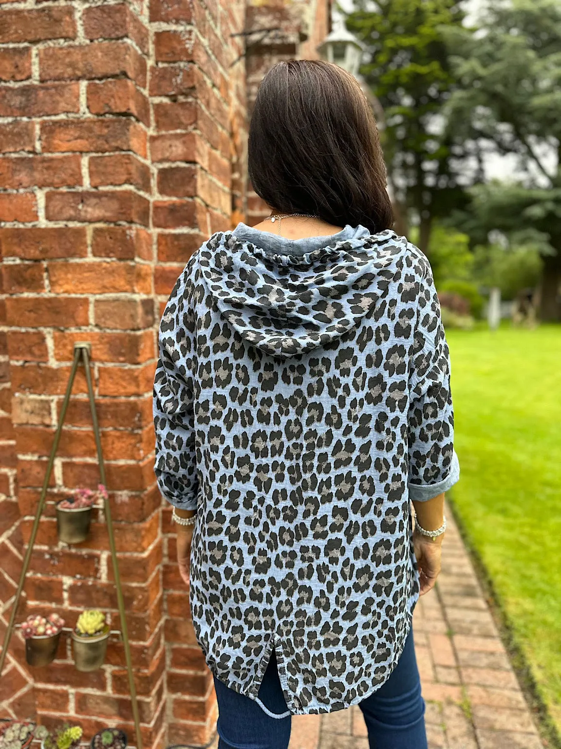 Denim Leopard Drawstring Hooded Jacket Claire