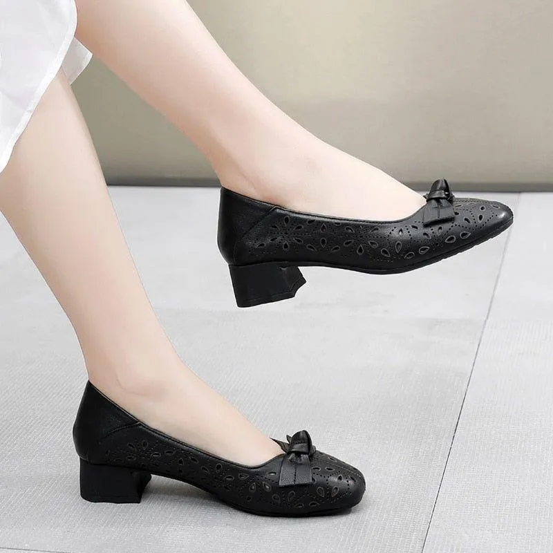 DN326 Women's Leather Low Heels Dress Shoes - Fashion Casual Pumps