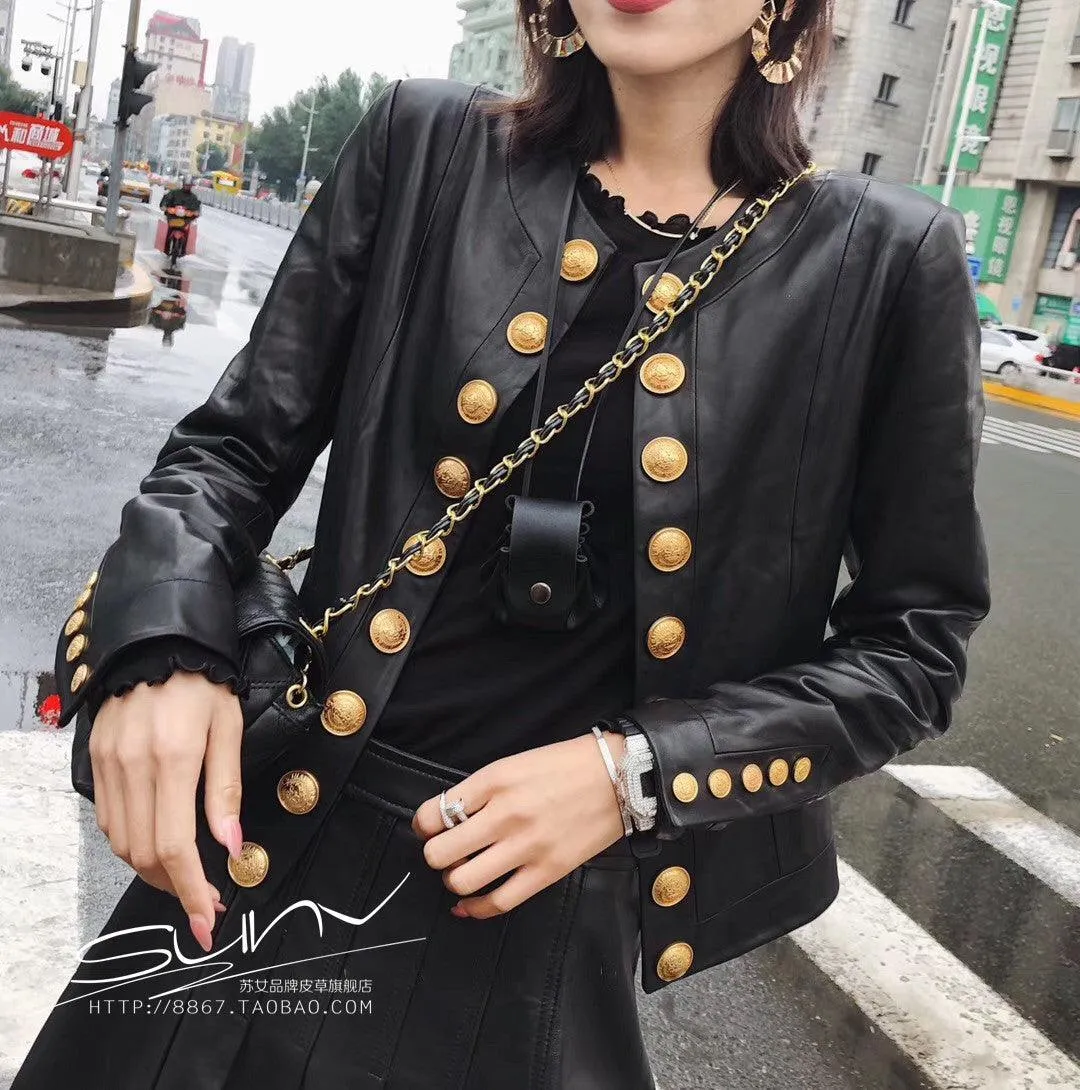 Double Breasted Leather Jacket with Metal Buttons, Soft Real Leather and Round Neck