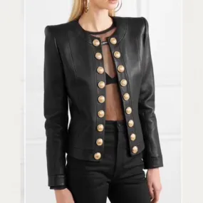 Double Breasted Leather Jacket with Metal Buttons, Soft Real Leather and Round Neck