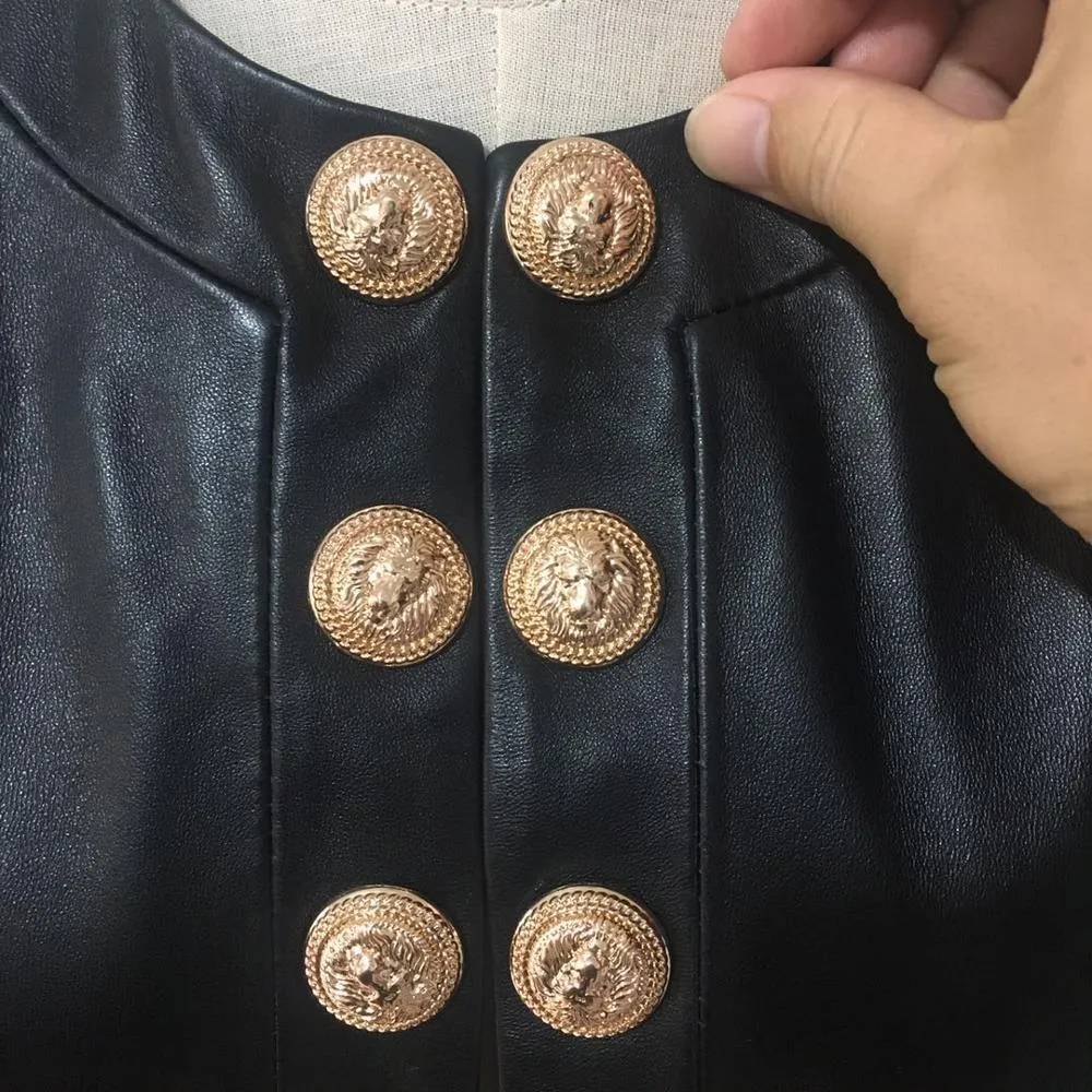 Double Breasted Leather Jacket with Metal Buttons, Soft Real Leather and Round Neck