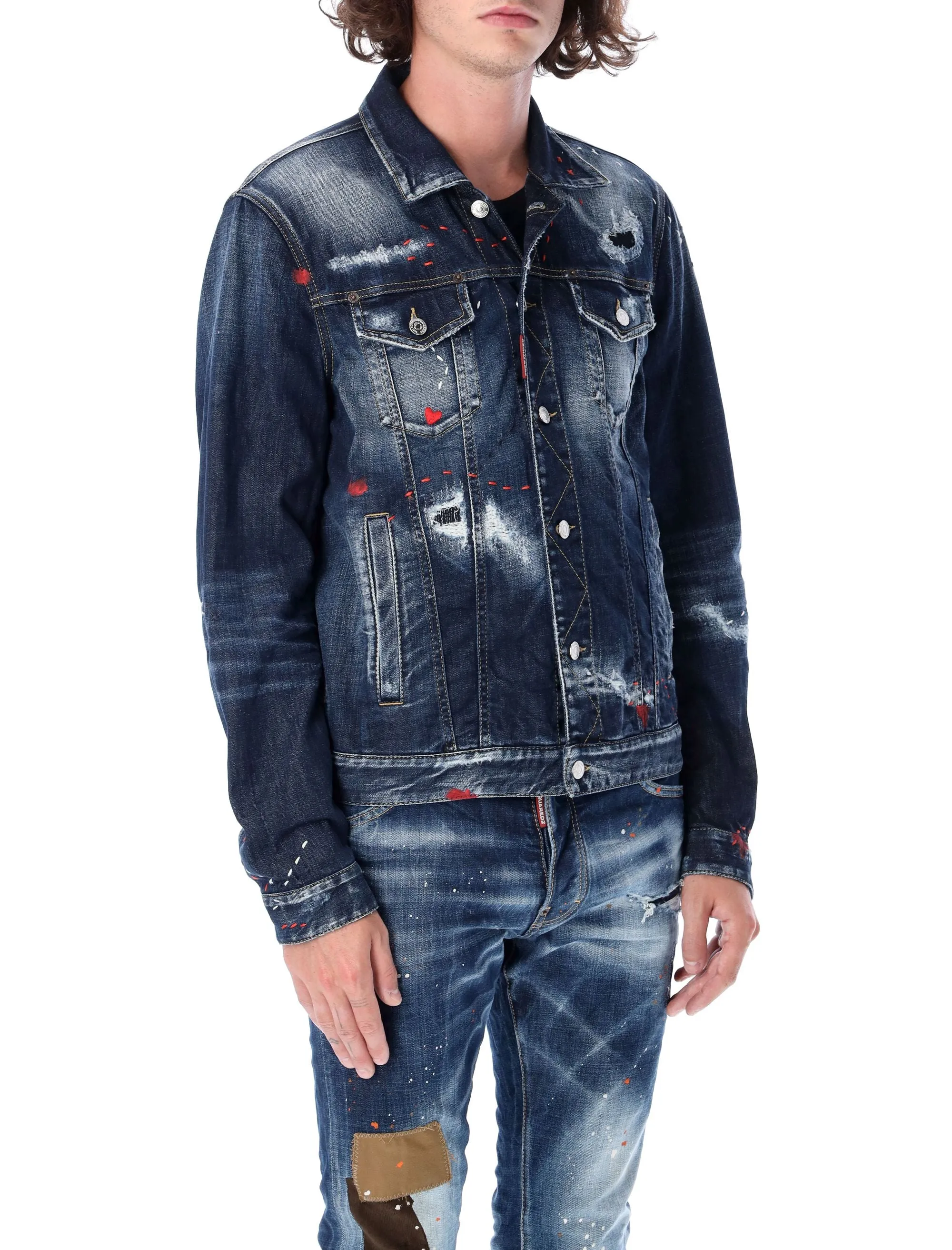 Dsquared2 Paint-Splatter Distressed Denim Jacket