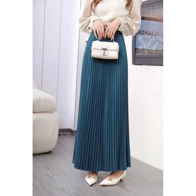 Fashion Casual Office Lady Pleated Skirt High Waist Solid Long