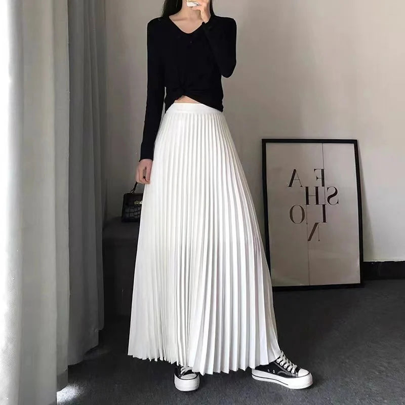 Fashion Casual Office Lady Pleated Skirt High Waist Solid Long