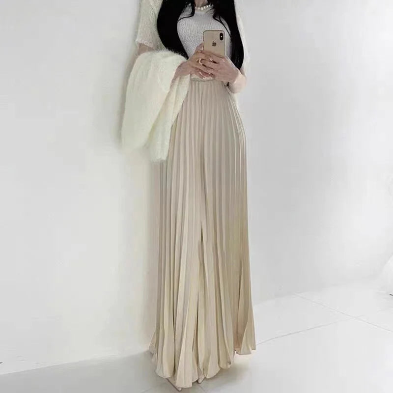 Fashion Casual Office Lady Pleated Skirt High Waist Solid Long