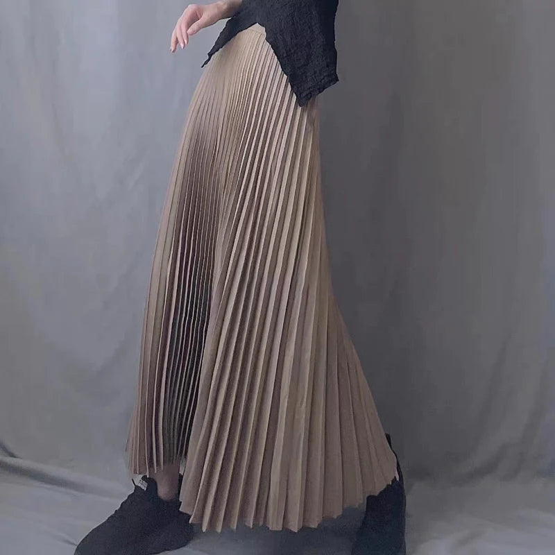 Fashion Casual Office Lady Pleated Skirt High Waist Solid Long