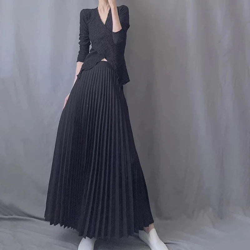 Fashion Casual Office Lady Pleated Skirt High Waist Solid Long