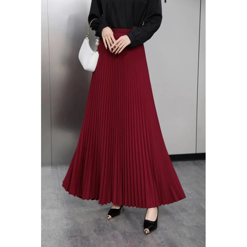 Fashion Casual Office Lady Pleated Skirt High Waist Solid Long