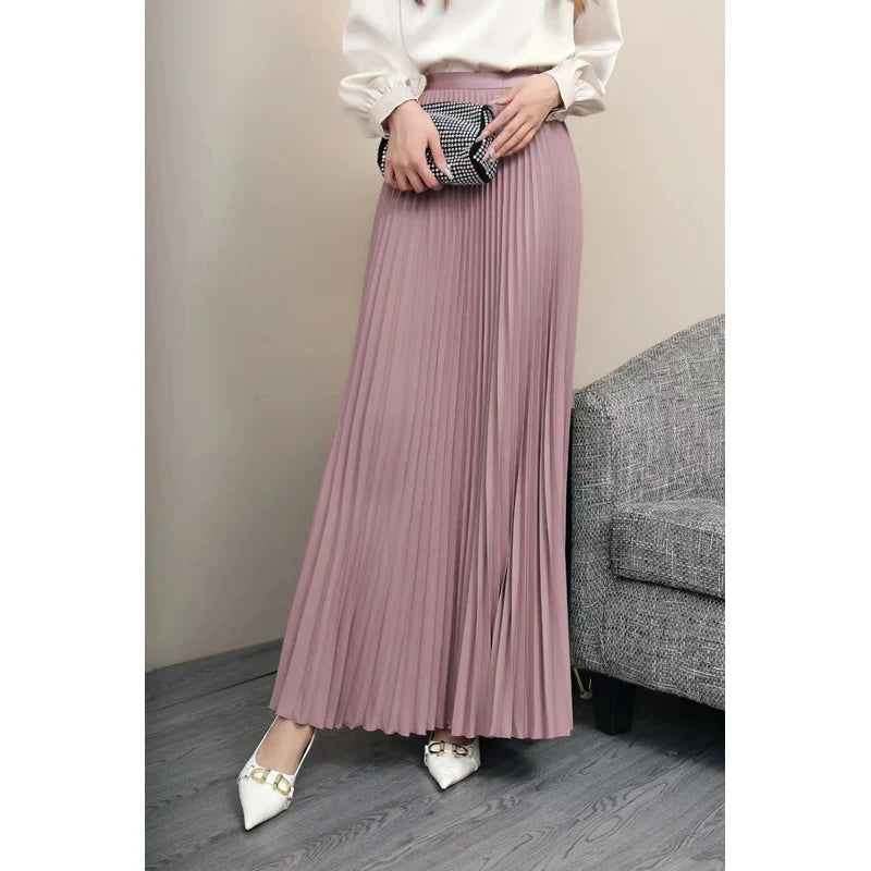 Fashion Casual Office Lady Pleated Skirt High Waist Solid Long