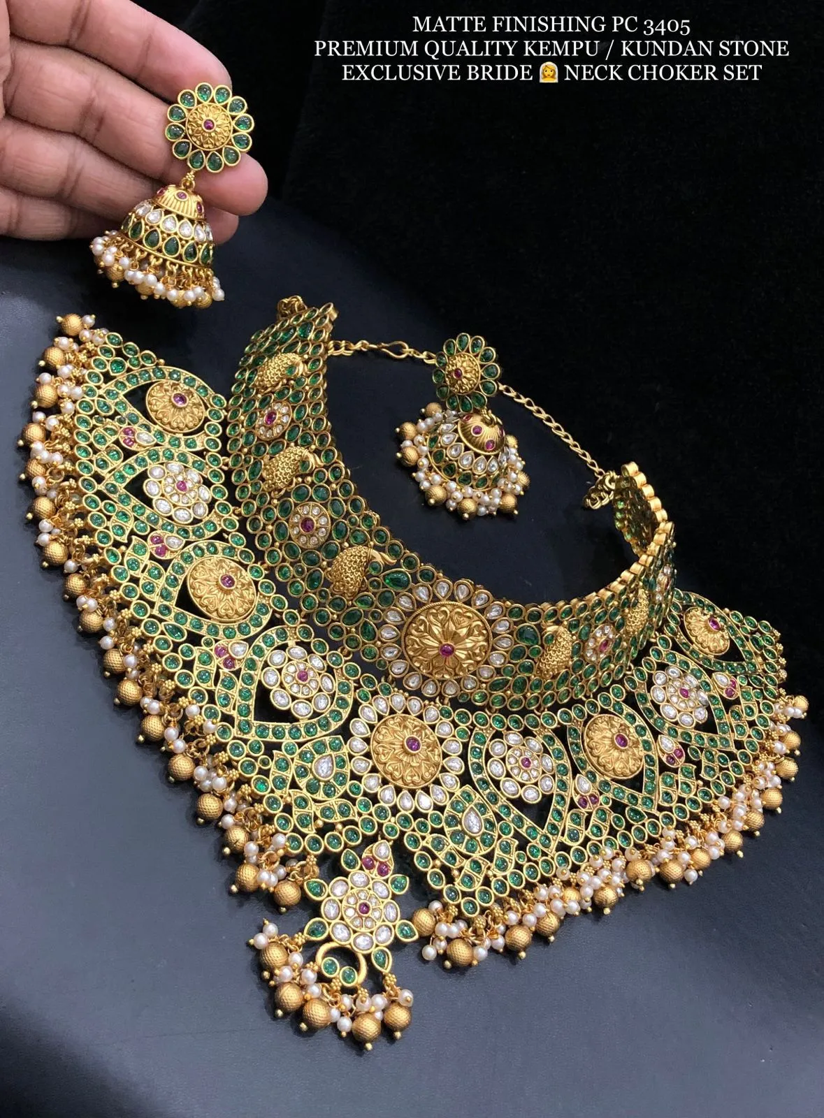 Green Shivakari , Matte Gold Finish Premium Quality Kemp with Kundan Stone Bridal Choker Set -SAY001BCAG