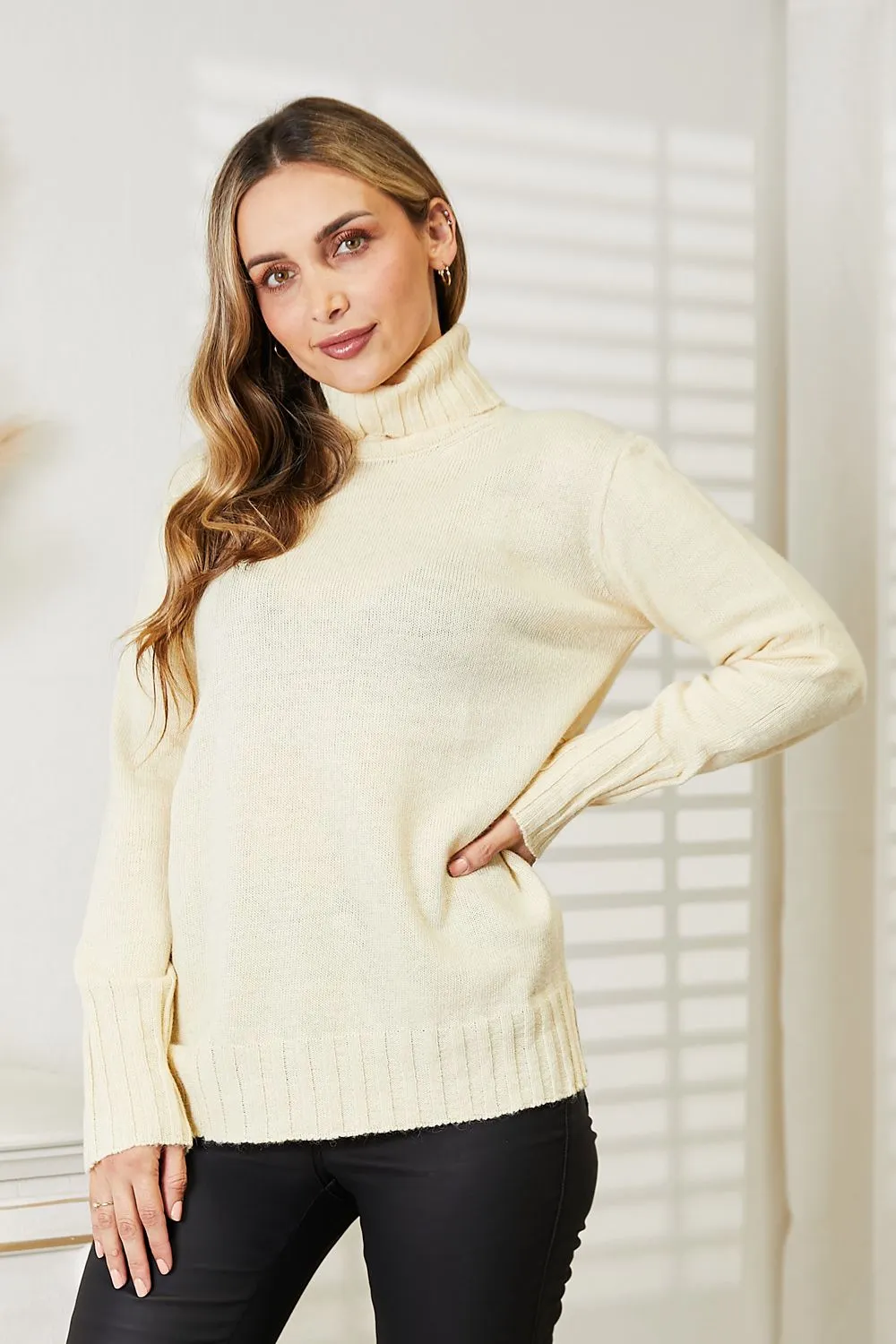 Heimish Full Size Long Sleeve Turtleneck Sweater with Side Slit