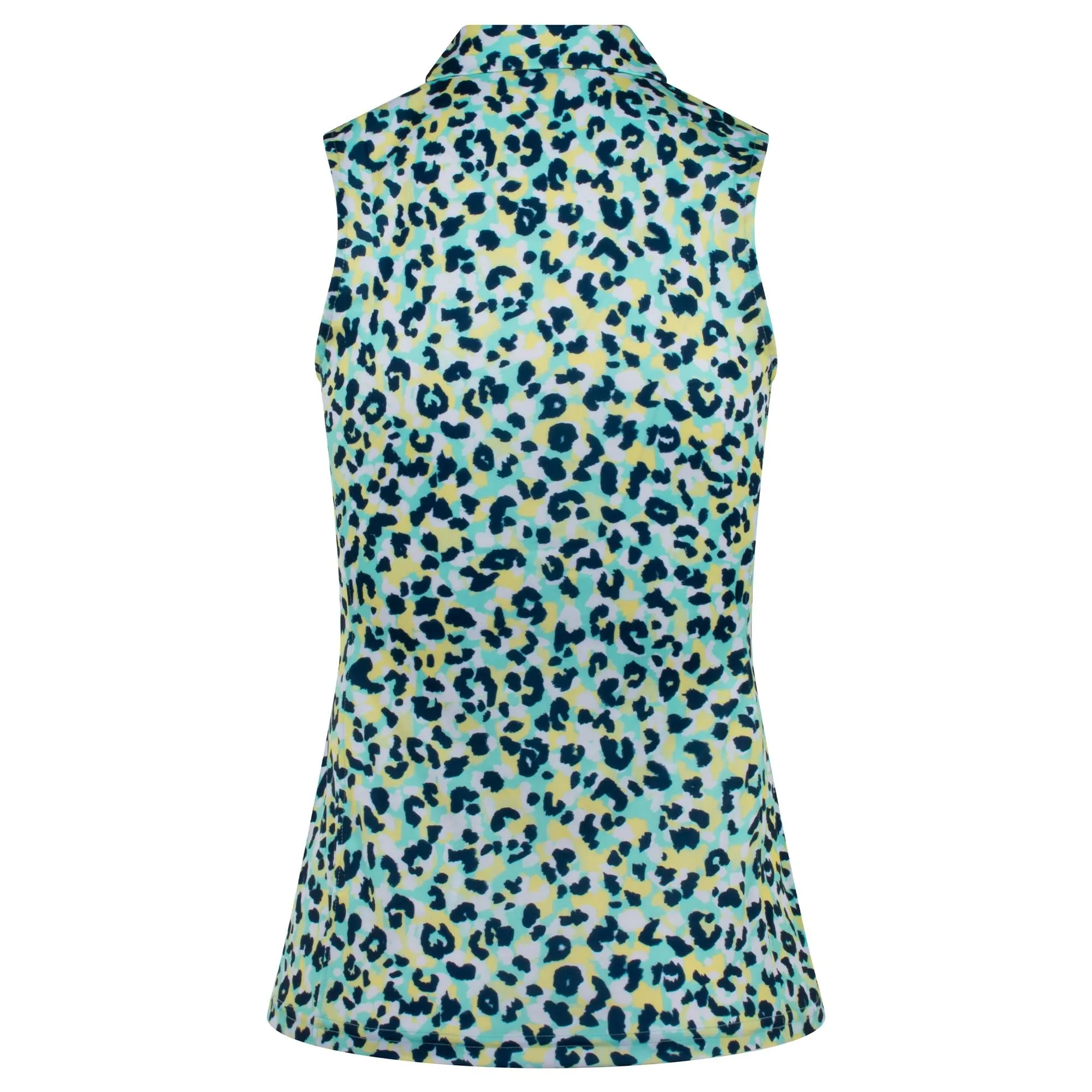 J Lindeberg Dena Print Sleeveless Ladies Golf Polo Shirt Leopard Aruba Blue