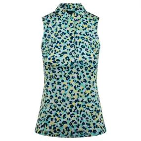 J Lindeberg Dena Print Sleeveless Ladies Golf Polo Shirt Leopard Aruba Blue