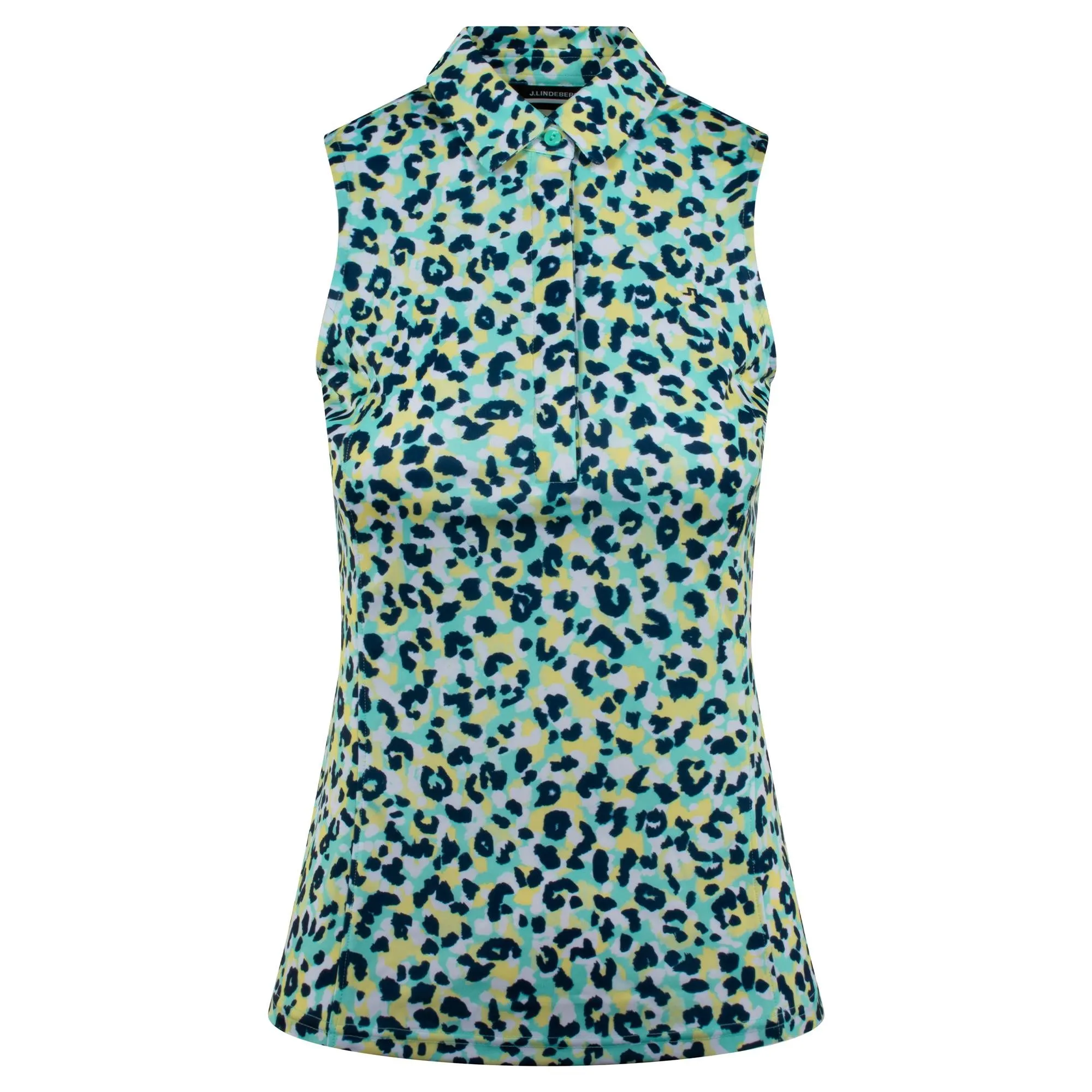 J Lindeberg Dena Print Sleeveless Ladies Golf Polo Shirt Leopard Aruba Blue