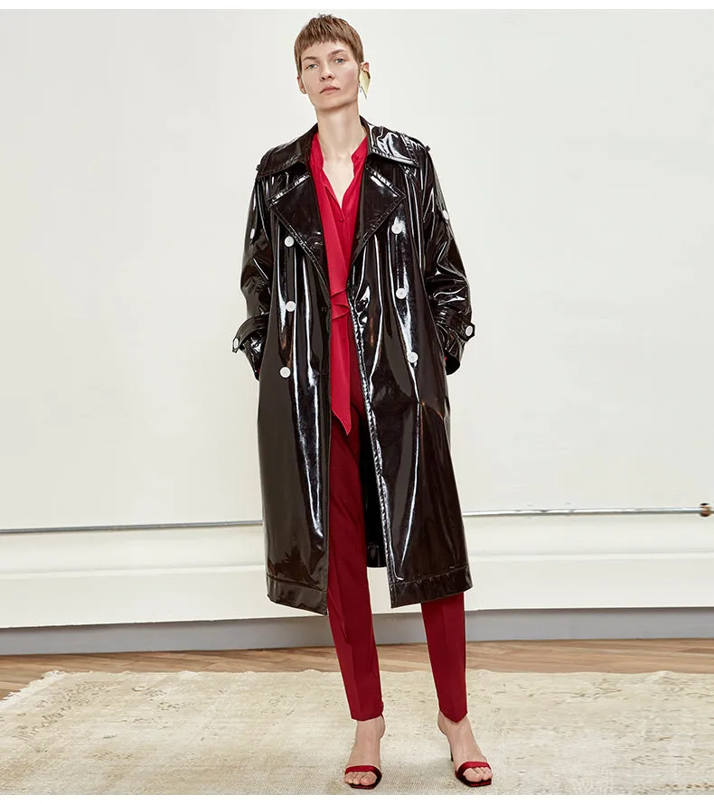 Long Black Patent Leather Trench Coat with Double Breasted Buttons